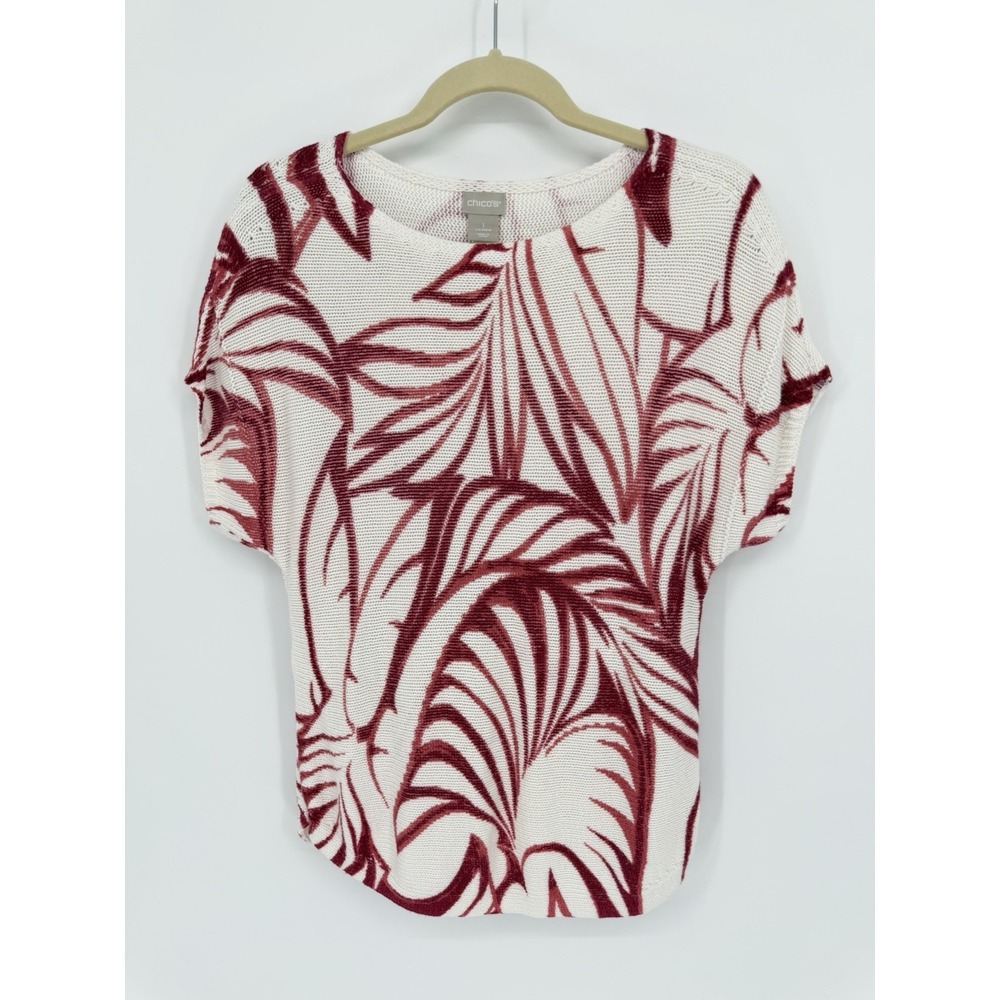 Chicos Knit Sweater Size 1 (Women's Med) White/ Burgundy Tropical Leaf Print